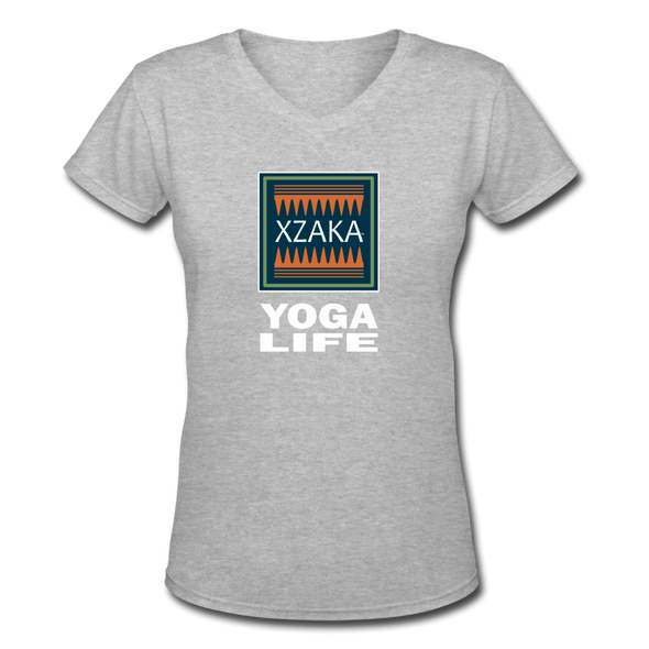 XZAKA - Women "Yoga Life" Motivational V-Neck T-Shirt - W2112 - gray