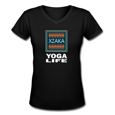 XZAKA - Women "Yoga Life" Motivational V-Neck T-Shirt - W2112 - black