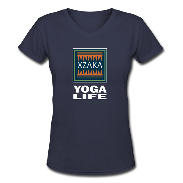 XZAKA - Women "Yoga Life" Motivational V-Neck T-Shirt - W2112 - navy