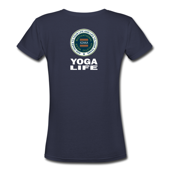 XZAKA - Women "Yoga Life" Motivational V-Neck T-Shirt - W2112 - navy