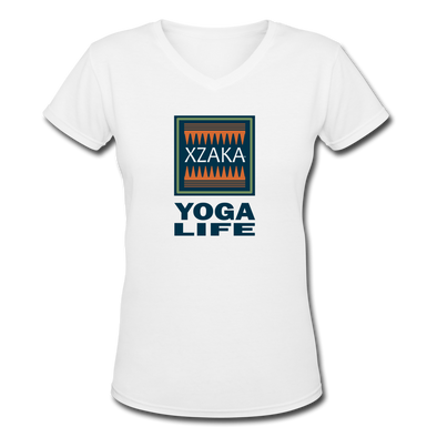 XZAKA - Women "Yoga Life" Motivational V-Neck T-Shirt - W2111 - white