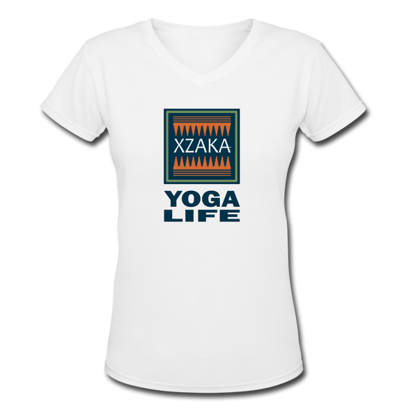 XZAKA - Women "Yoga Life" Motivational V-Neck T-Shirt - W2111 - white