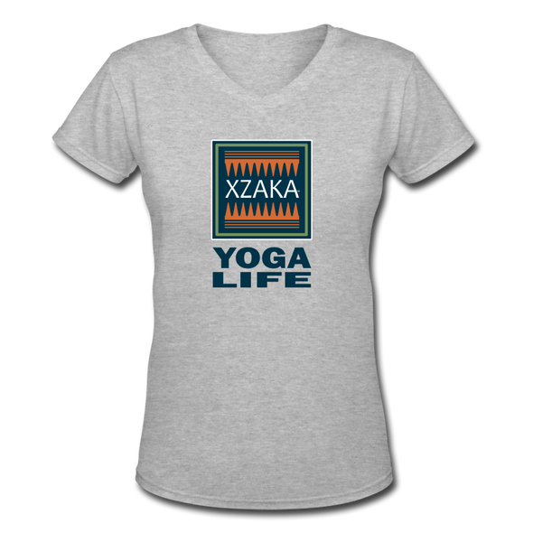 XZAKA - Women "Yoga Life" Motivational V-Neck T-Shirt - W2111 - gray